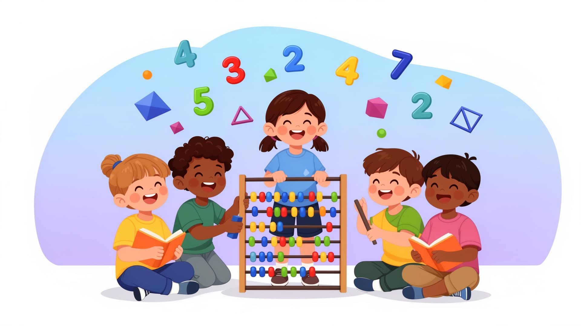 Happy children learning math with an abacus